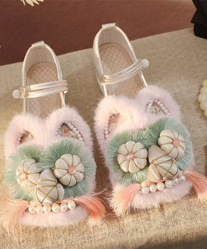 White Fur Splicing Embroidery Wedge High Wedge Heels Shoes TQ063