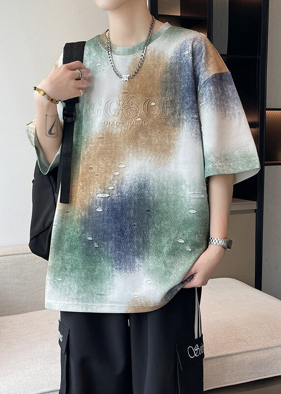 T-shirt manches longues en coton tie-dye avec imprimé lettre et trou blanc