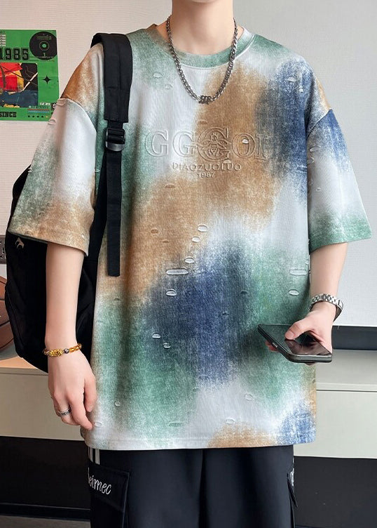 T-shirt manches longues en coton tie-dye avec imprimé lettre et trou blanc