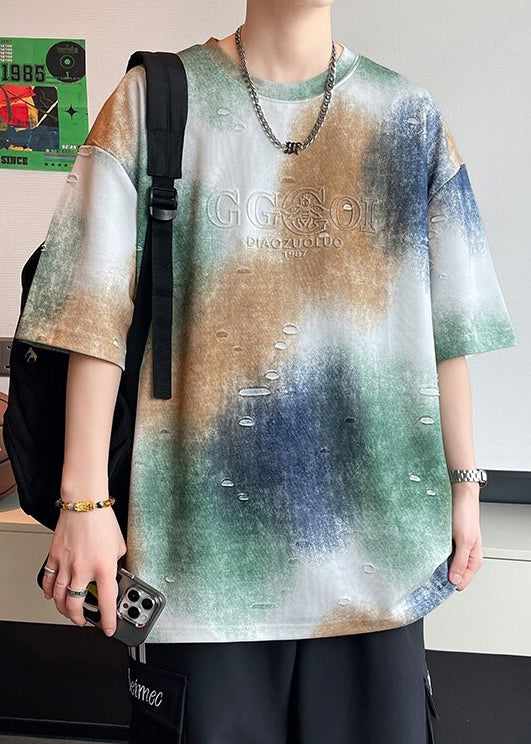 T-shirt manches longues en coton tie-dye avec imprimé lettre et trou blanc