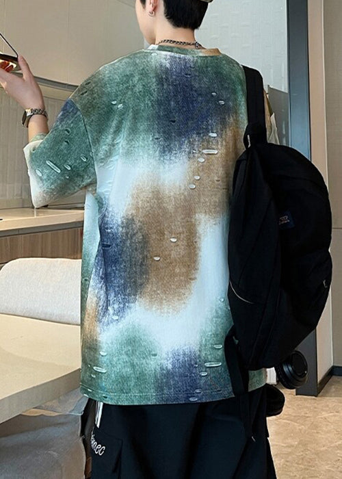 T-shirt manches longues en coton tie-dye avec imprimé lettre et trou blanc