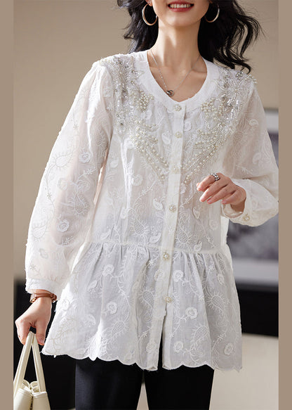 White Nail Bead Button Blouses Embroidered Long Sleeve AC1022