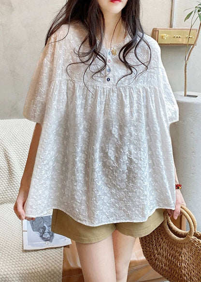 White O-Neck Lace Patchwork Shirts Summer BV034