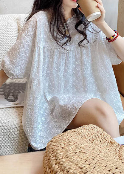 White O-Neck Lace Patchwork Shirts Summer BV034