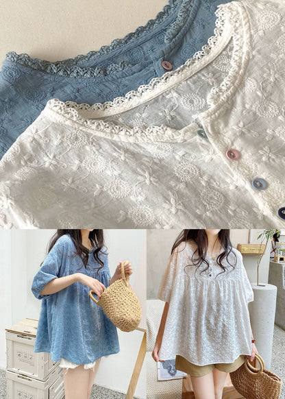 White O-Neck Lace Patchwork Shirts Summer BV034