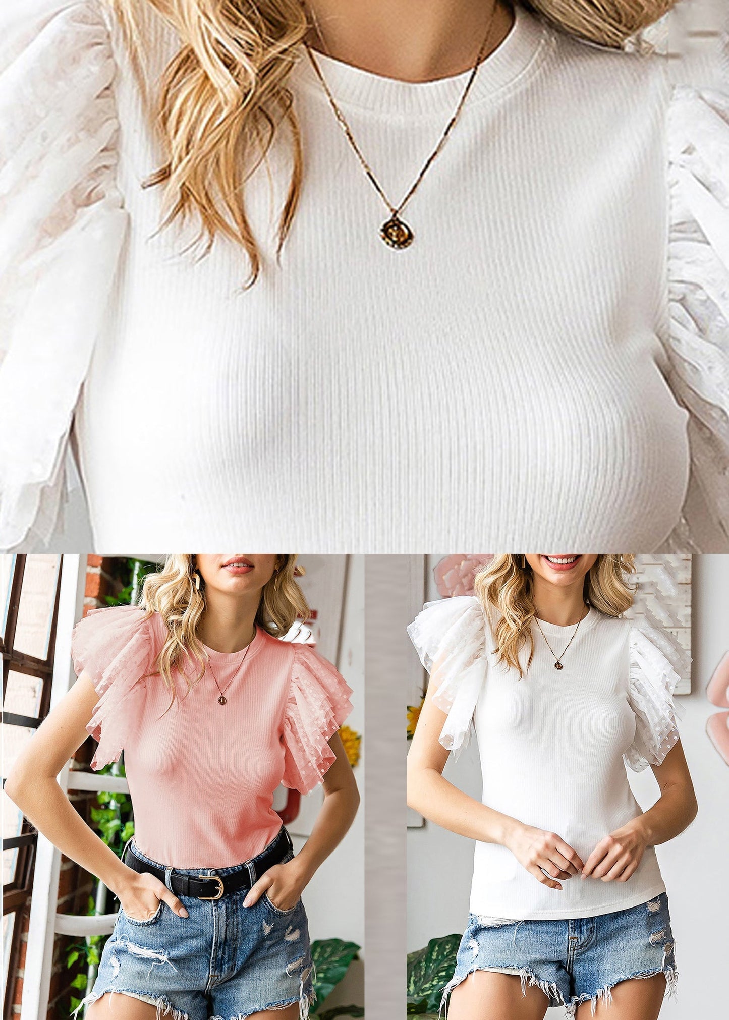Sleeve O-Neck Flare White Top Knit Solid