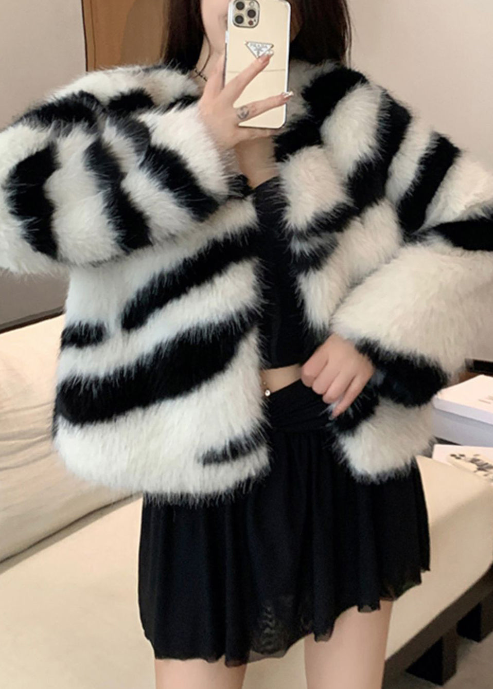 White Original Design Fuzzy Fur Fluffy Coats V Neck Winter RH035