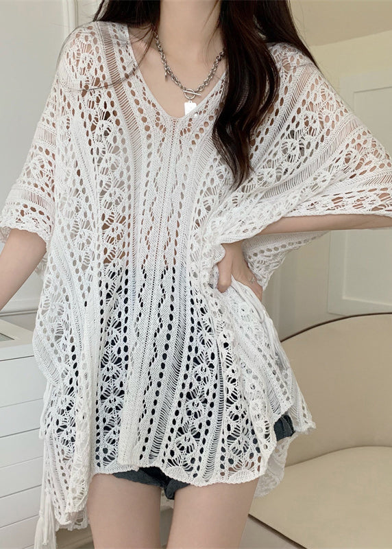 Knit Summer Hollow Patchwork T Out White Shirts