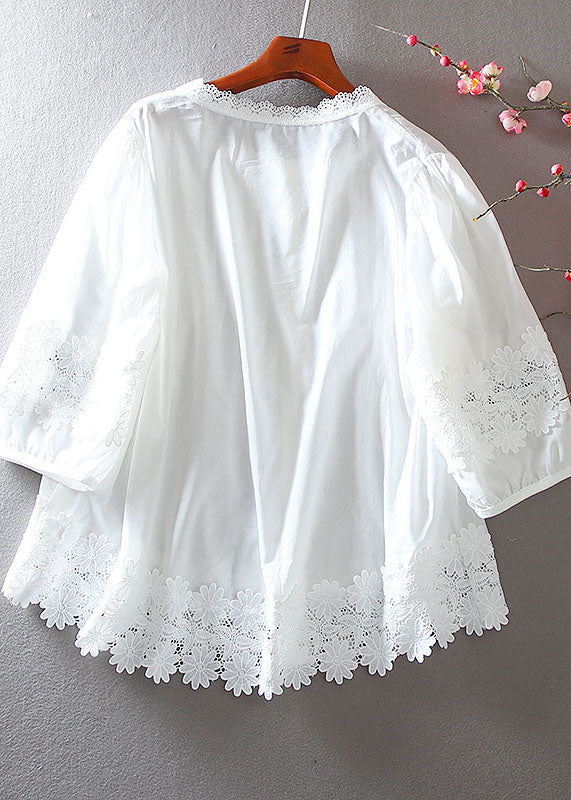 Chemise en coton à dentelle patchwork blanche froissée pour l'été YY009