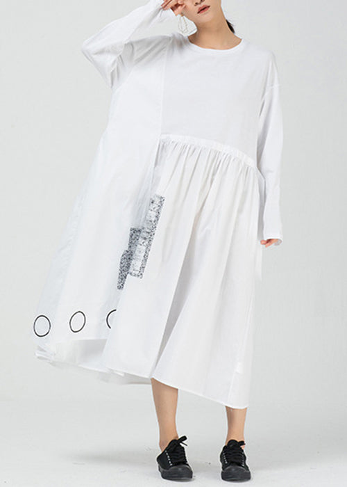 Robe longue en coton patchwork à poches blanches et col rond Printemps AA1009