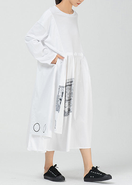 Robe longue en coton patchwork à poches blanches et col rond Printemps AA1009