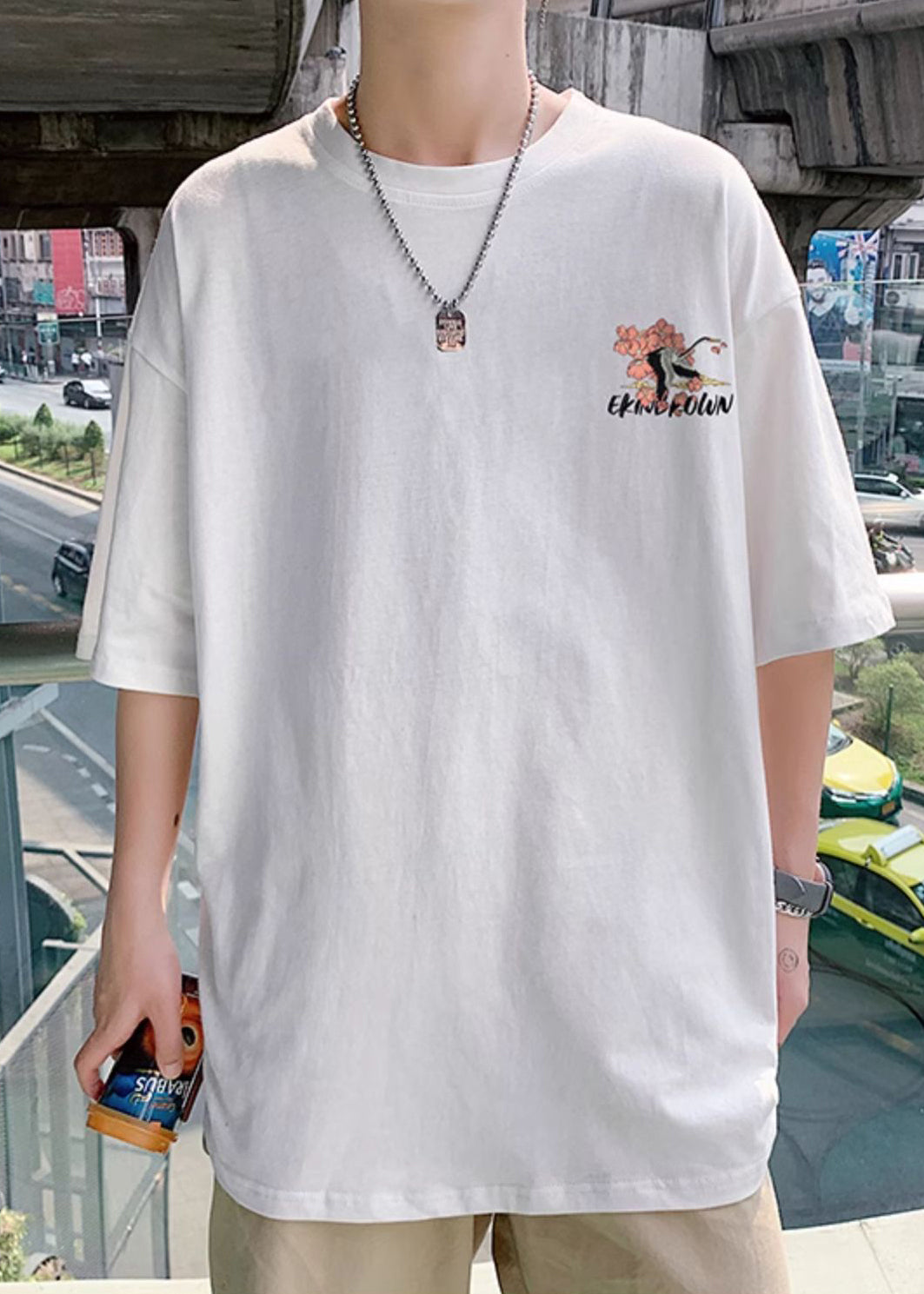 T Print Neck Shirts Sleeve Men Loose O White Half Cotton