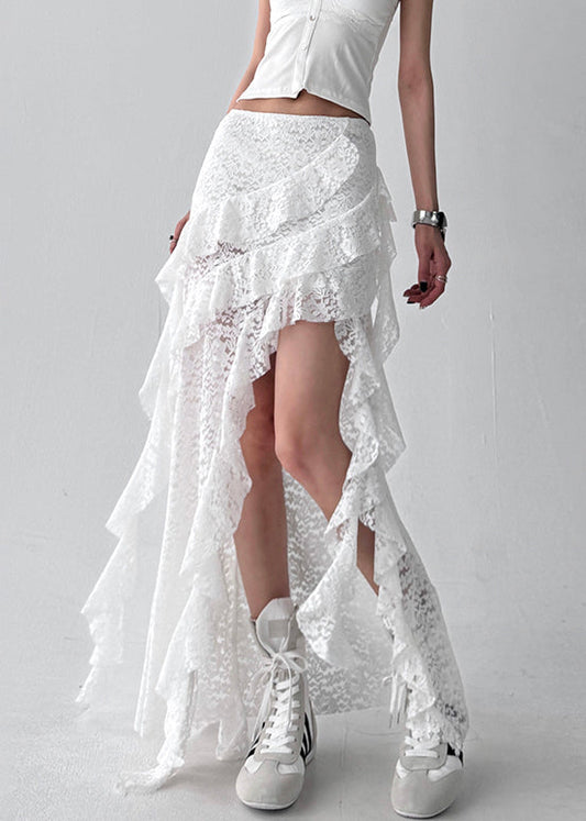 Skirt Asymmetrical White Ruffled Solid Lace Summer