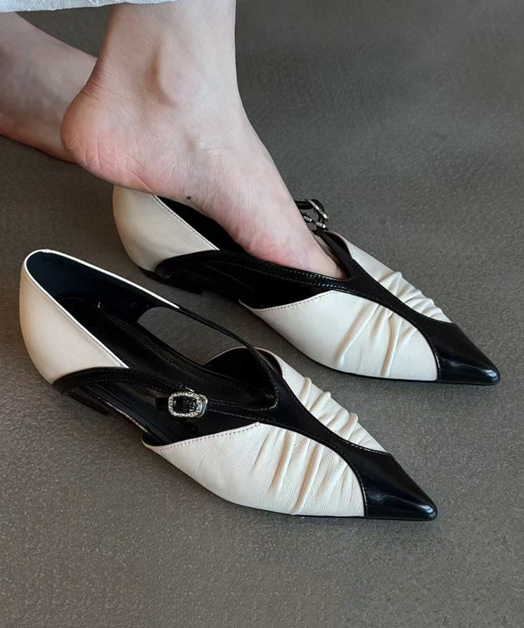 Pointed Sheepskin Flat Boutique Shoes White Toe Splicing