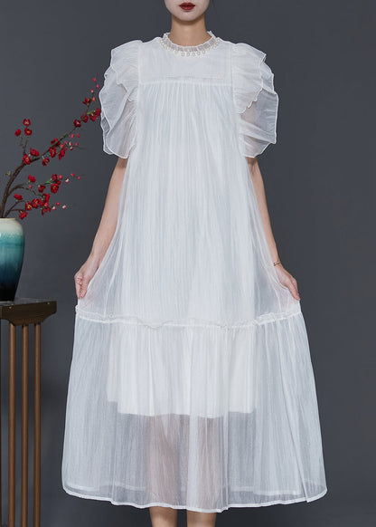 White Silk Long Dress Ruffled Nail Bead Petal Sleeve SD1068