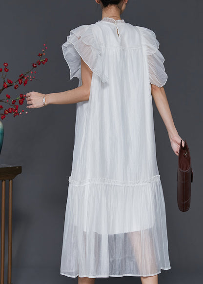 White Silk Long Dress Ruffled Nail Bead Petal Sleeve SD1068