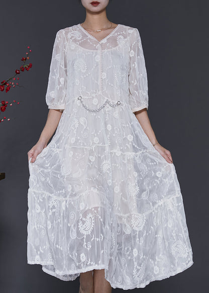 White Silk Maxi Dress V Neck Embroidered Half Sleeve SD1073