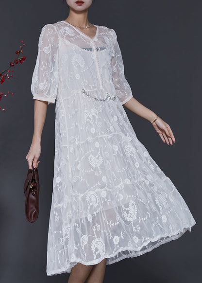 White Silk Maxi Dress V Neck Embroidered Half Sleeve SD1073