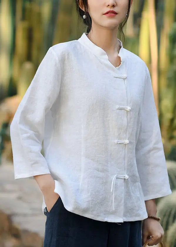 White Solid Button Linen Coats Stand Collar Spring Ada Fashion