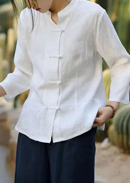 White Solid Button Linen Coats Stand Collar Spring Ada Fashion