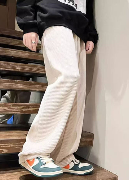 White Solid Loose Warm Fleece Corduroy Men Pants Elastic Waist Spring RM045