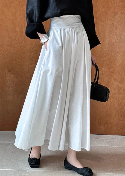 White Solid Pockets Cotton Pleated Skirt High Waist Ada Fashion