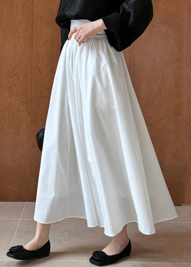 White Solid Pockets Cotton Pleated Skirt High Waist Ada Fashion