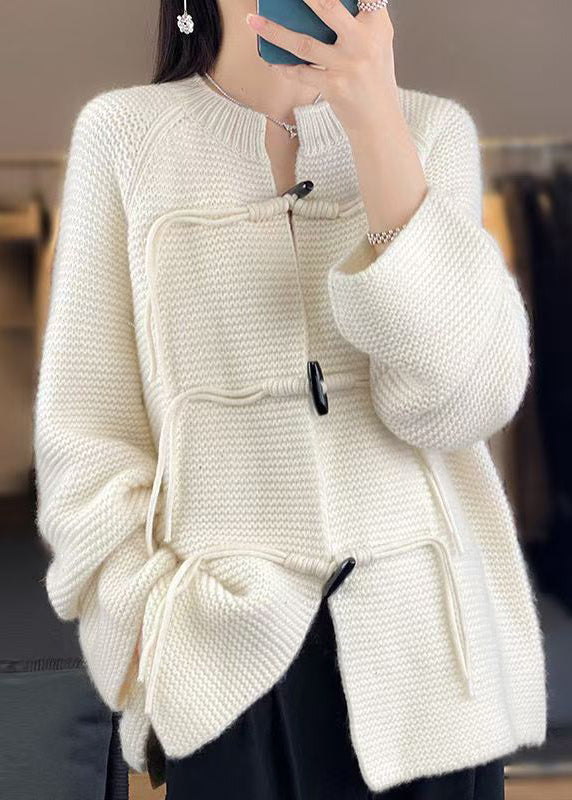 White Solid Woolen Knit Coat O-Neck Long Sleeve AB1029