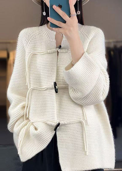 White Solid Woolen Knit Coat O-Neck Long Sleeve AB1029