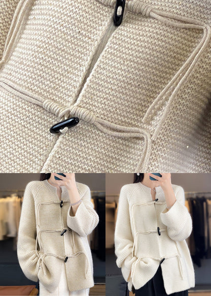 White Solid Woolen Knit Coat O-Neck Long Sleeve AB1029