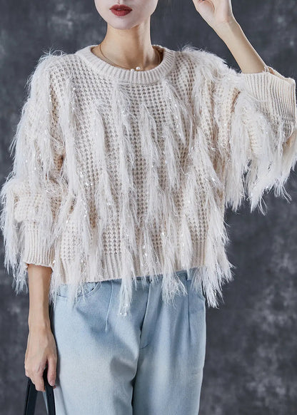 White Thick Knit Sweaters Tasseled Sequins Winter Ada Fashion