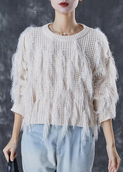 White Thick Knit Sweaters Tasseled Sequins Winter Ada Fashion