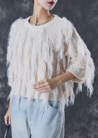 White Thick Knit Sweaters Tasseled Sequins Winter Ada Fashion