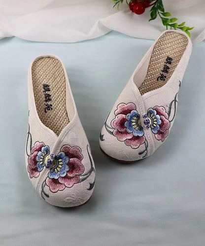 White Wedge Cotton Fabric Bohemian Embroidery Slide Sandals CZ1053