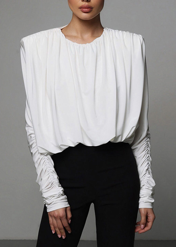 Bodysuit White Wrinkled Patchwork Solid
