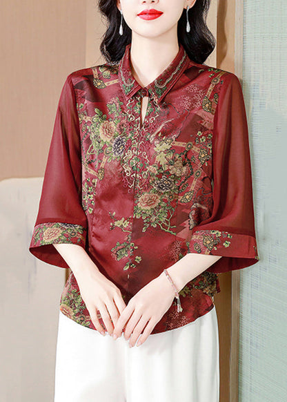 Wine Red Print Silk Blouses Peter Pan Collar Summer OP1069