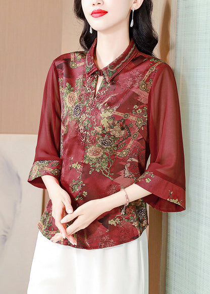 Wine Red Print Silk Blouses Peter Pan Collar Summer OP1069