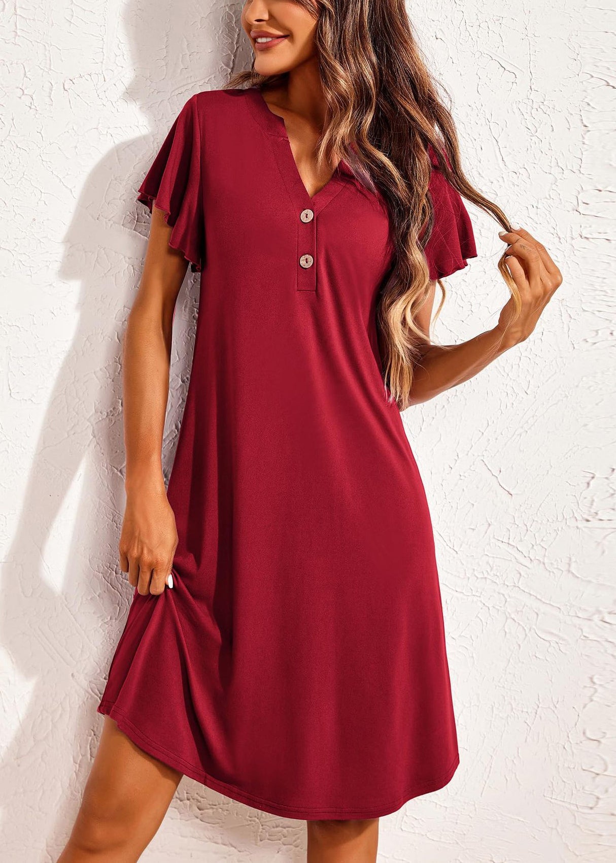 Robe pyjama d'été rouge en coton à col en V et à imprimé vin