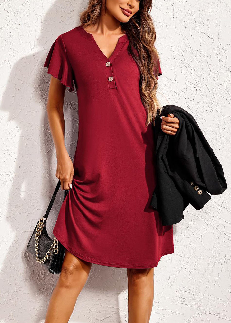 Robe pyjama d'été rouge en coton à col en V et à imprimé vin