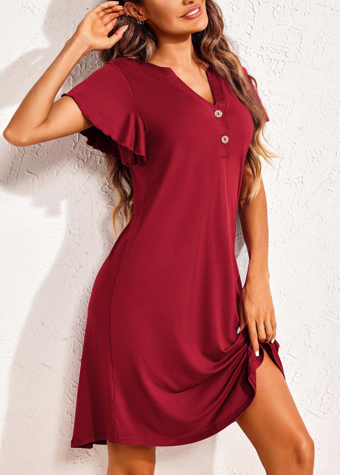Robe pyjama d'été rouge en coton à col en V et à imprimé vin