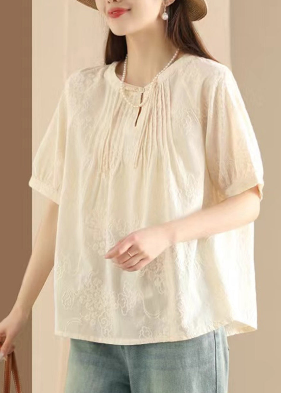 Women Apricot Embroidered Puff Sleeve Cotton Blouse Top UU050