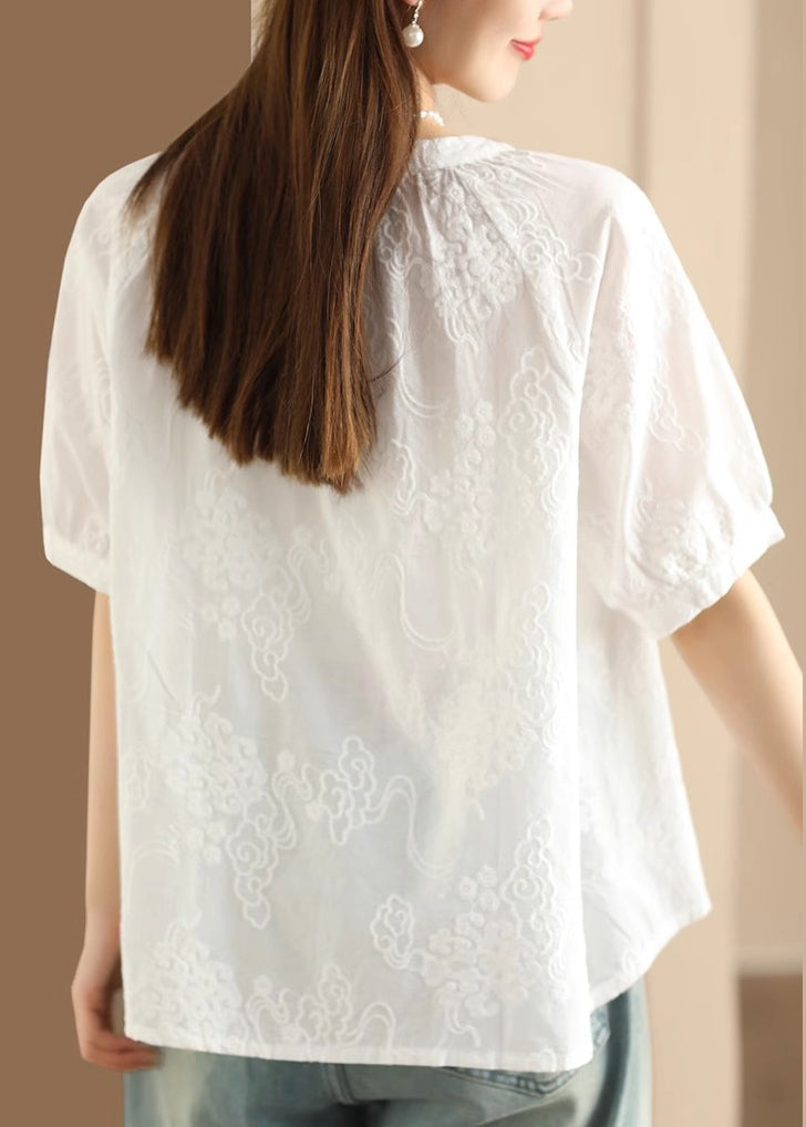 Women Apricot Embroidered Puff Sleeve Cotton Blouse Top UU050