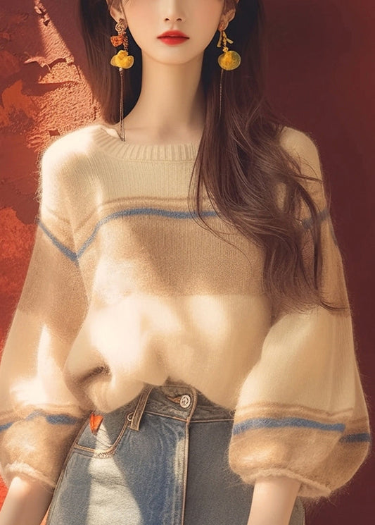 Women Apricot O Neck Cozy Patchwork Knit Sweater Winter WM012