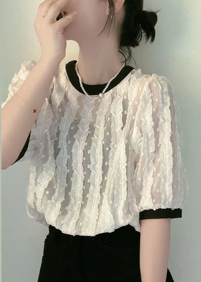 Women Apricot O-Neck Ruffled Patchwork Chiffon Shirt Summer GH1041