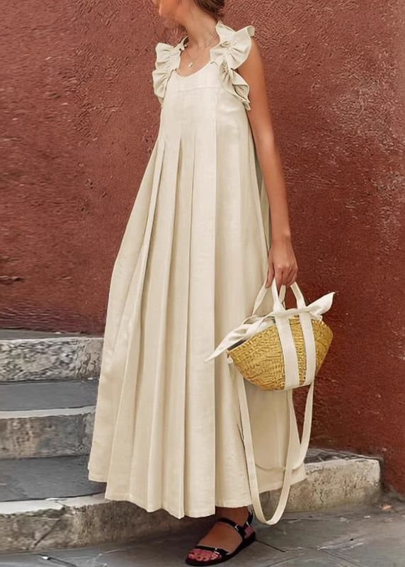 Robe longue à volants en coton abricot sans manches pour femme