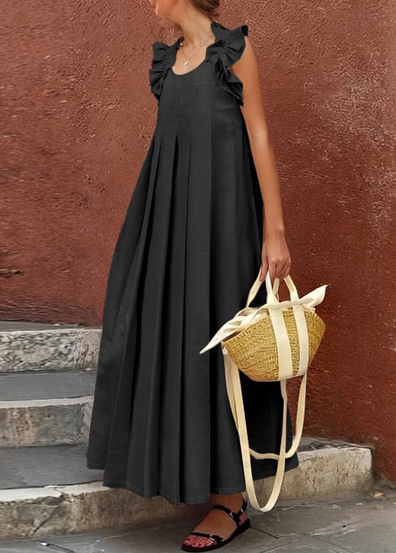 Robe longue à volants en coton abricot sans manches pour femme