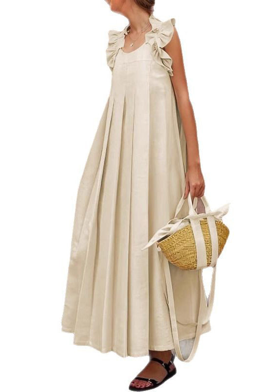 Robe longue à volants en coton abricot sans manches pour femme