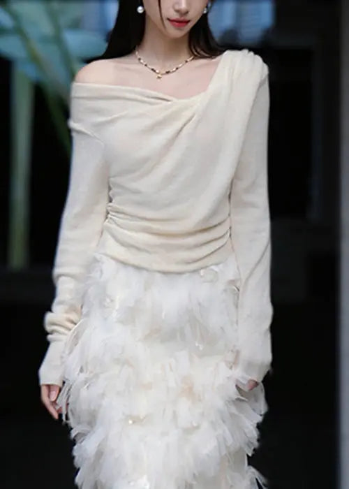 Women Apricot Solid Asymmetrical Cotton Knit Blouse Spring Ada Fashion