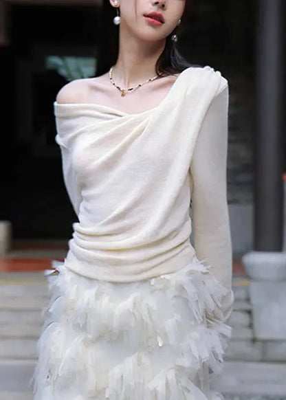 Women Apricot Solid Asymmetrical Cotton Knit Blouse Spring Ada Fashion