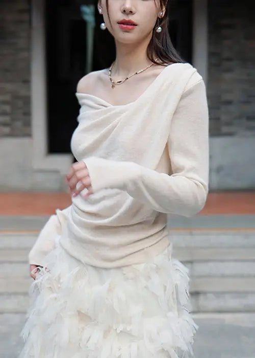 Women Apricot Solid Asymmetrical Cotton Knit Blouse Spring Ada Fashion